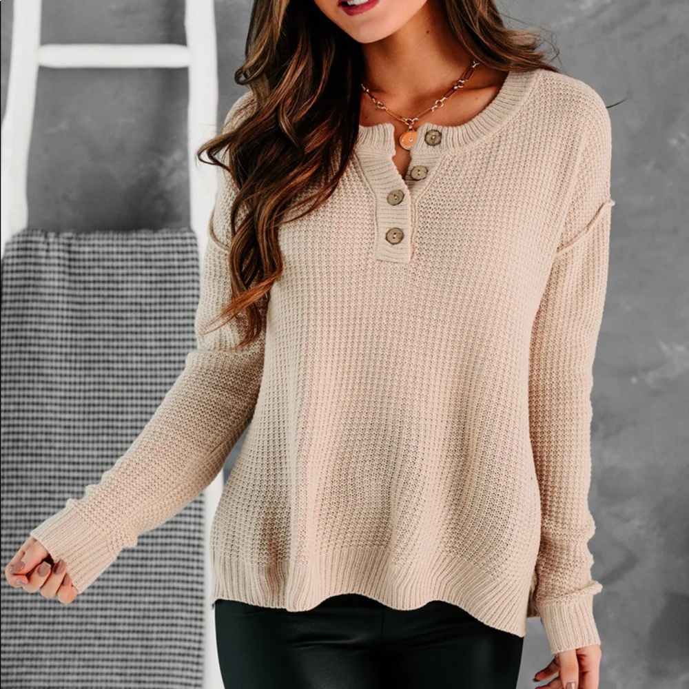 Waffle Knit Button Sweater Stone/Light Taupe GUC